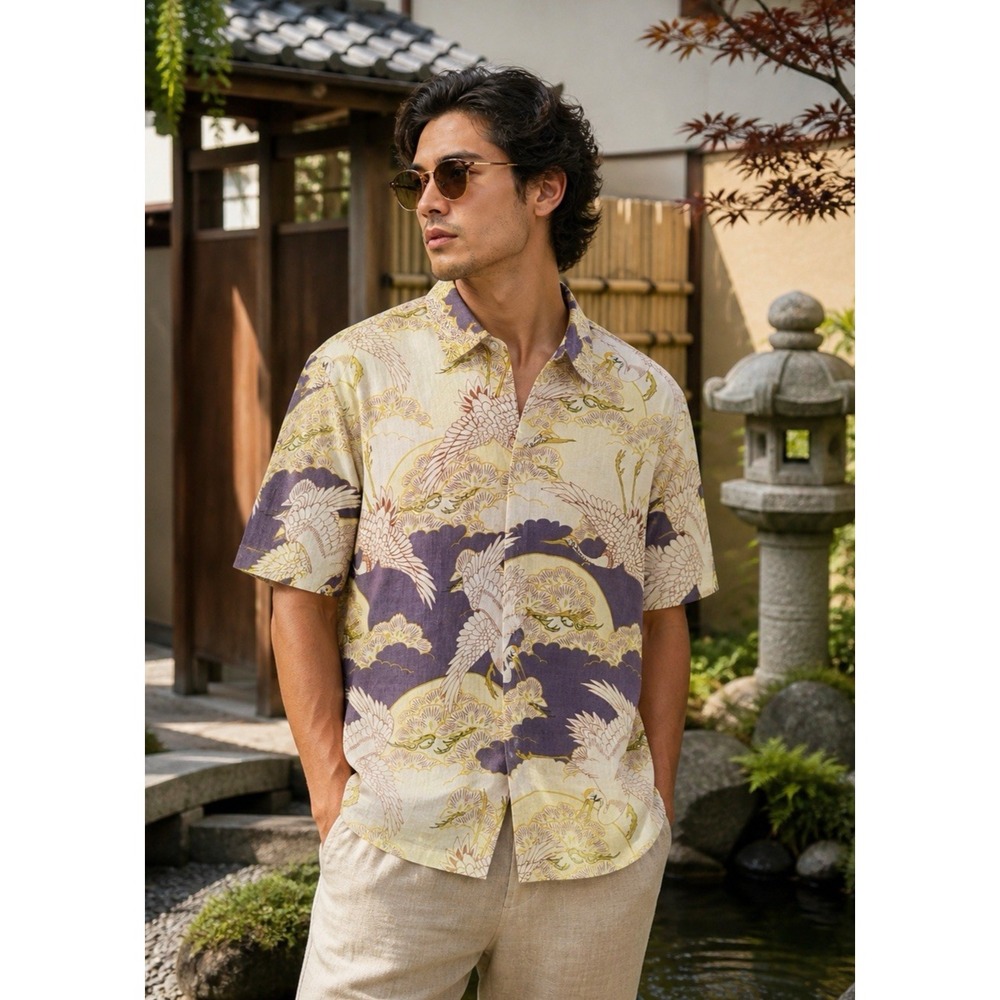Citron Santa Monica Linen Shirt Mens L Japanese Crane Button Up Art Shirt EUC